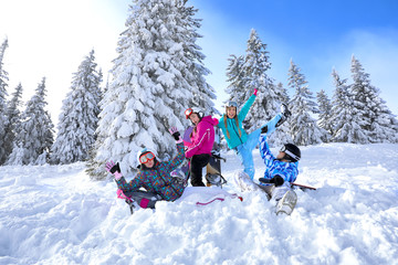 Friends at snowy ski resort. Winter vacation