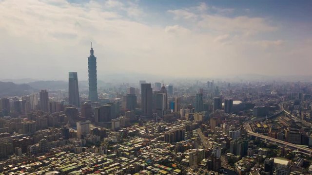 sunny day taipei cityscape downtown aerial panorama 4k timelapse taiwan