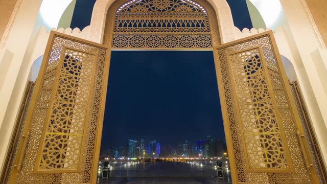 twilight illumination doha city mosque front entrance panorama 4k timelapse qatar
