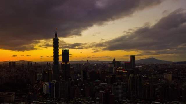 sunset light taipei tower cityscape downtown aerial panorama 4k timelapse taiwan
