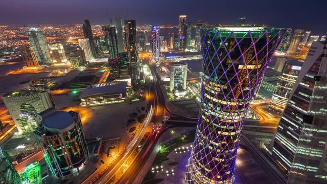 night illuminated doha city rooftop traffic streets panorama 4k timelapse qatar
