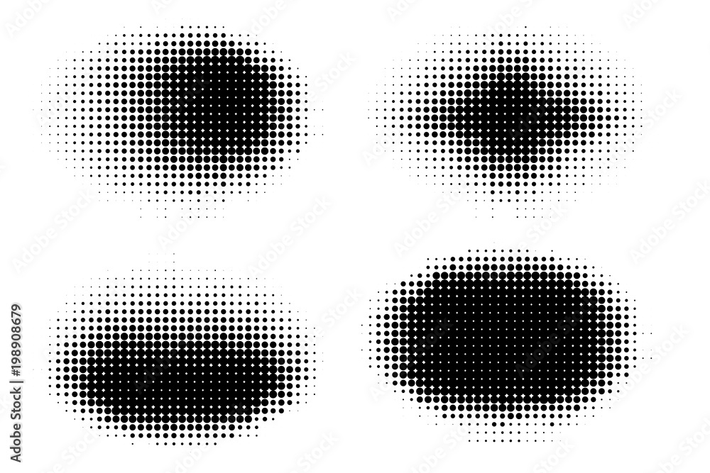 Poster set of halftone dots vector oval shapes. abstract dotted stippling shapes. monochrome halftone gradi