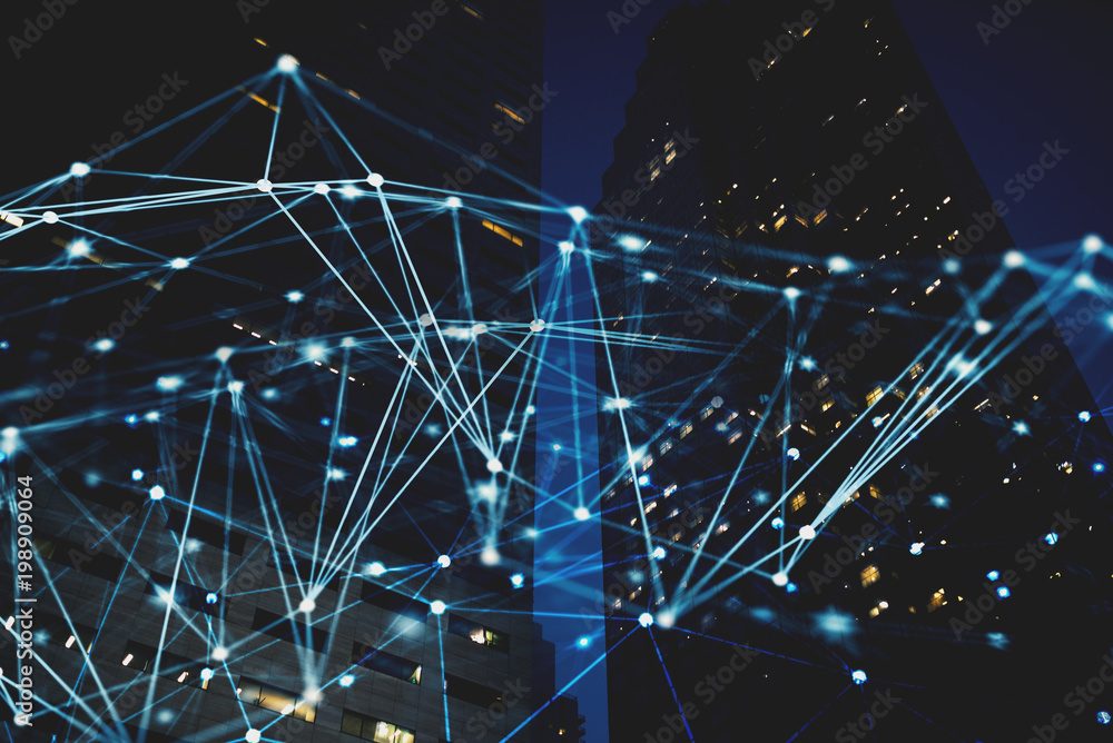 Poster abstract internet connection network with night city with skyscrapers at the background