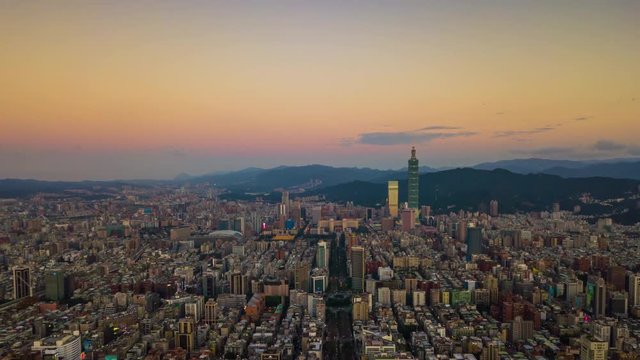 sunset sky taipei cityscape downtown aerial panorama 4k timelapse taiwan

