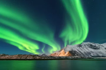  Aurora borealis. Lofoten islands, Norway. Aurora. Green northern lights. Starry sky with polar lights. Night winter landscape with aurora, sea with sky reflection and snowy mountains. Nature. Travel © den-belitsky