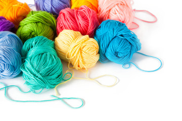 Colored balls of yarn. View from above. Rainbow colors. All colors. Yarn for knitting. Skeins of...