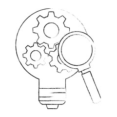 bulb light idea with gears and magnifying vector illustration design