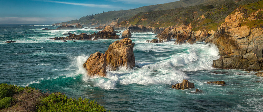 A panoramic view of the Big Sur coastline along California.