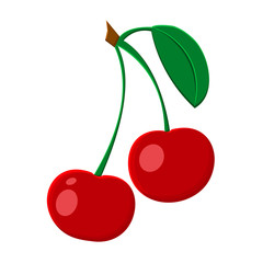 Colored cute red cherry with green leaf. Vector illustration
