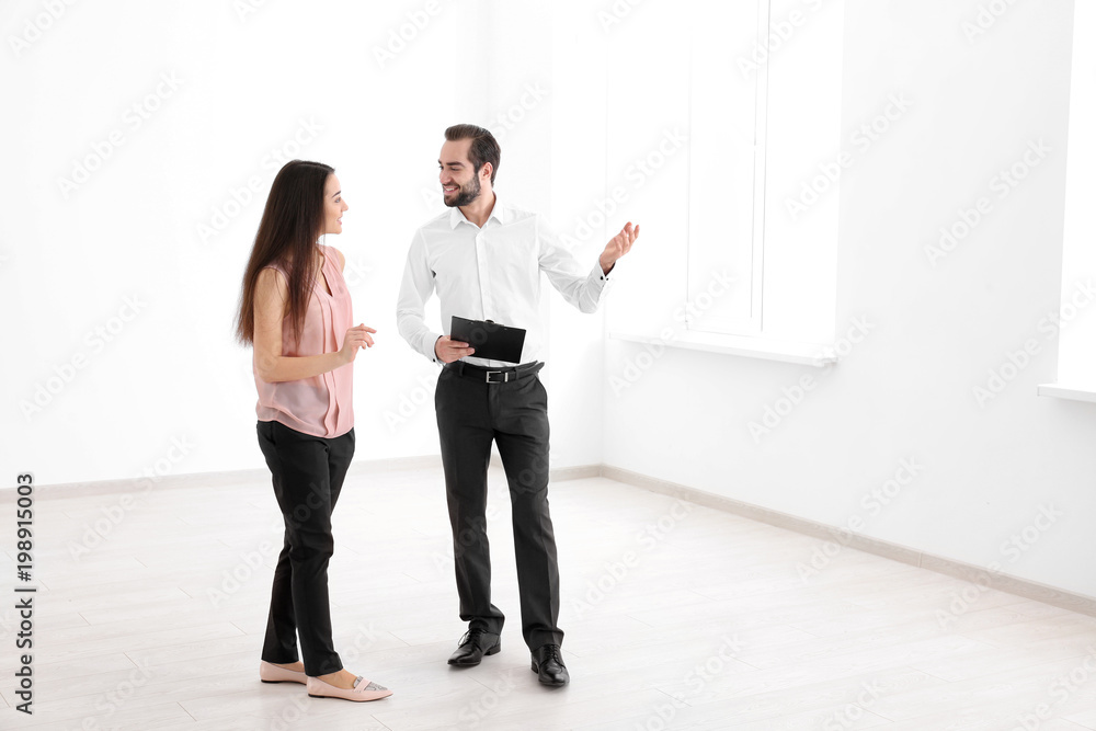 Poster real estate agent showing apartment to client