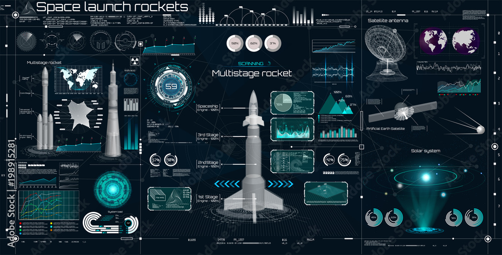 Poster Space set in HUD UI style. Head Up Display. Space launch rockets. Technology elements ( dashboard, spaceship, antenna, space satellite, 3D rockets) Elements pack of the Sky-fi UI, 3d elements HUD