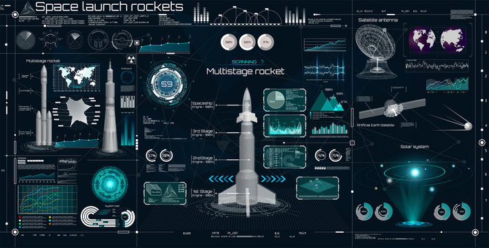 Space set in HUD UI style. Head Up Display. Space launch rockets. Technology elements ( dashboard, spaceship, antenna, space satellite, 3D rockets) Elements pack of the Sky-fi UI, 3d elements HUD
