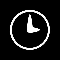 Simple icon of clock. White icon on black background. Inversion