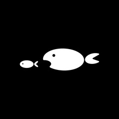 fish eating fist. White icon on black background. Inversion