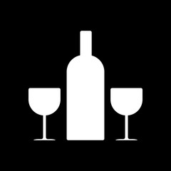 glasses and bottle. White icon on black background. Inversion