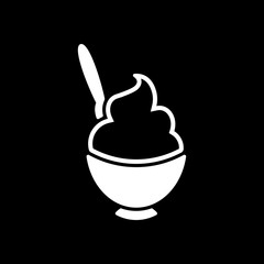 ice cream or porridge in bowl icon. White icon on black background. Inversion