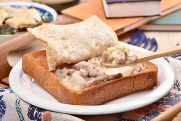 Coffin bread is a famous snack of Tainan in Taiwan. 