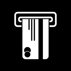 ATM machine and credit card icon. White icon on black background. Inversion