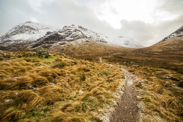 Fototapeta na wymiar Scotland highlands near Glencoe, beautiful winter landscape for travel and hiking.