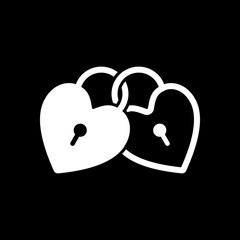 linked hearts, lock icon. White icon on black background. Inversion