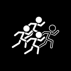 running people. team with leader. White icon on black background. Inversion