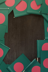 Bangladesh small flags framing a wood texture background with copy space