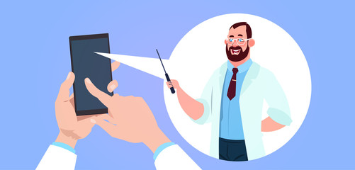 Mobile Medicine App With Hand Holding Smart Phone Over Male Doctor In Chat Bubble Background Flat Vector Illustration