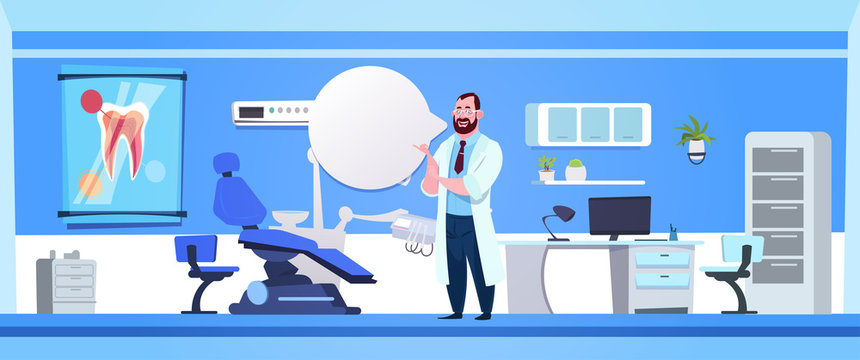 Man Doctor Over Dental Office Interior Dentist Hospital Or Clinic Concept Flat Vector Illustration