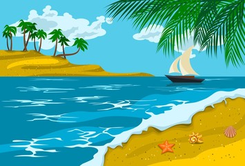 Fototapeta na wymiar Editable Detailed Summer Beach Landscape Panorama With Ship and Island Vector Illustration for Vacation or Summer Seasonal Themed and Children Book Project