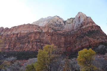 Rock mountain behind trees in autumn