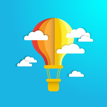 Colofrul Air Balloon In Blue Sky With White Paper Clouds Background Vector Illustration