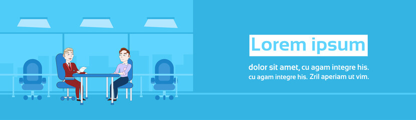 Fototapeta premium Two Business Men Interview Meeting For Vacancy Position Hr Manager And Employee Sitting At Office Desk Talking Horizontal Banner Vector Illustration
