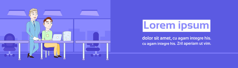 Business Man Explain Male Cleck Papperwork With Documents And Laptop Sitting At Office Desk Horizontal Banner Vector Illustration