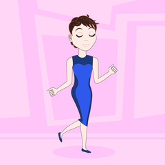 Cartoon Woman In Elegant Dress Funny Dancing Over Abstract Pink Background Vector Illustration