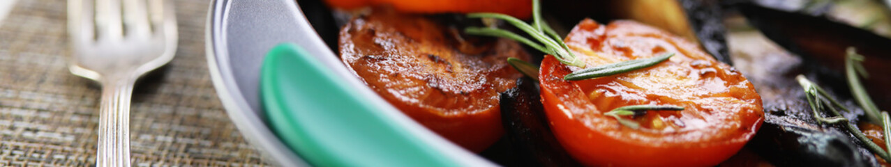 Long horizontal background of vegetables grilled 