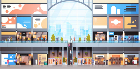 Modern Shopping Mall Interior With Many People Big Retail Store Flat Vector Illustration