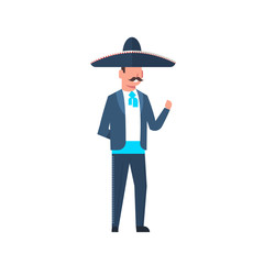 Mexican Guy In Traditional Costume And Sombrero Hat With Mustache Isolated On White Background Flat Vector Illustration