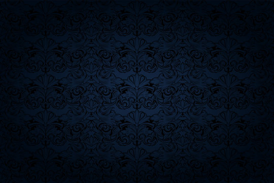vintage Gothic background in dark blue and black with a classic Baroque pattern, Rococo