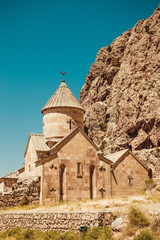 Surb Karapet Church, Noravank. Armenian culture. Architecture concept. Pilgrimage place. Religion background. Travel to Armenia. Tourism industry. Tourist landmark. Sunny day