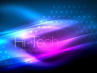 Obraz premium Glittering neon glowin wave, techno modern art abstract background, magical shiny template
