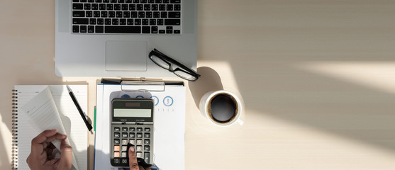 Close up businessman using calculator on documents Unrecognizable finance  use calculate about cost...