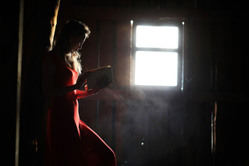 Silhouette of a beautiful girl in a red dress