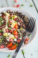 Salade d'été au Quinoa, Tomates, Avocat, Grenade et Sauce Tahini. Salade Saine