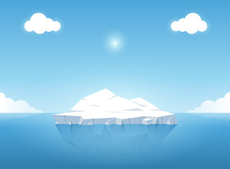 Iceberg in blue ocean on the summertime. Iceberg with above and underwater view in the ocean. Vector illustration
