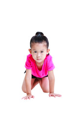 Asian child in sportwear crawling on knees at studio. Lovely girl looking at camera. Sport for children's health lifestyle. Isolated on white background.