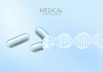 Science gene therapy molecular structure medical genome treatment background. Educational logo medicine center healthcare. Blue DNA sequence light 3d flat vector illustration