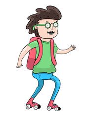 cartoon teenager roller skating, vector illustration