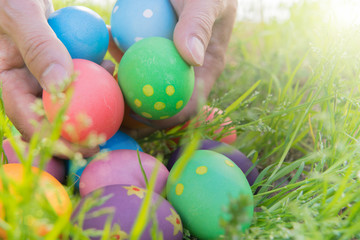 Easter egg ! happy colorful Easter sunday hunt holiday decorations Easter concept backgrounds with copy space