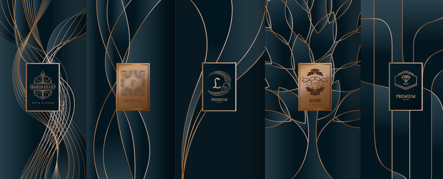 Collection of design elements,labels,icon,frames, for packaging,design of luxury products.for perfume,soap,wine, lotion.Made with golden foil.Isolated on line background.vector illustration