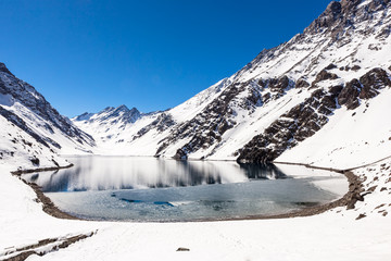 ski in chile on a sunny day with lots of snow.